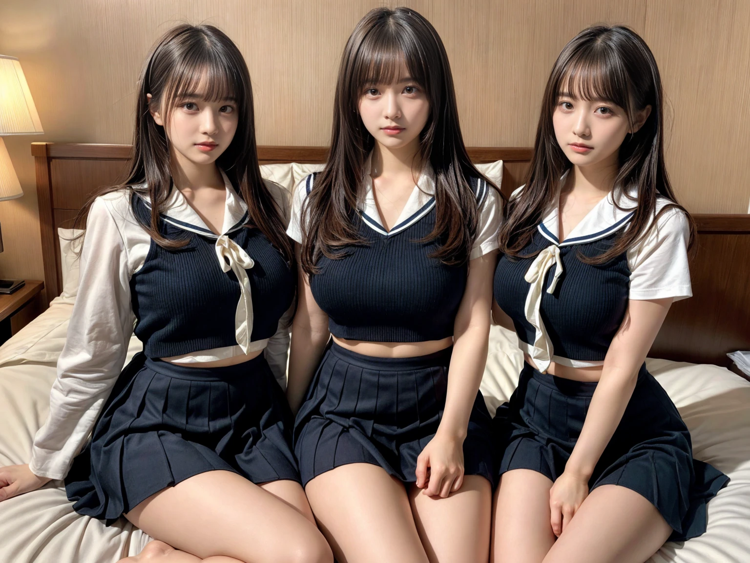 masterpiece, best quality, illustration, Super detailed, fine details, High resolution, 8K,wall paper, perfect dynamic composition,(Details High quality, realistic depiction of eyes:1.3), (3 girls), Black Sailor Uniform, serafuku, Navy pleated skirt, sitting, open legs, short bob hair, in a hotel room in the background, deep on field, large breasts, black hair color, Big Natural Color Lip, (perfect body shape), crying a little、Harajuku style、20 year old girl、cute type、beautiful legs, Gravure Idol