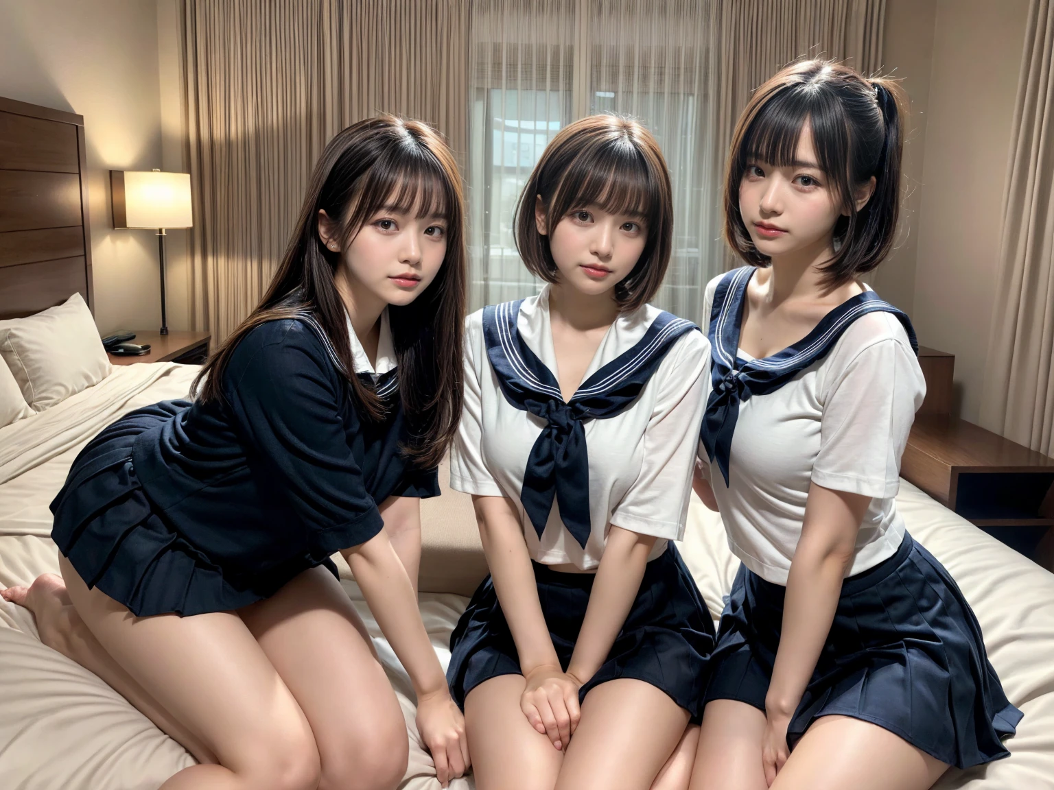 masterpiece, best quality, illustration, Super detailed, fine details, High resolution, 8K,wall paper, perfect dynamic composition,(Details High quality, realistic depiction of eyes:1.3), (3 girls), Black Sailor Uniform, serafuku, Navy pleated skirt, sitting, open legs, short bob hair, in a hotel room in the background, deep on field, large breasts, black hair color, Big Natural Color Lip, (perfect body shape), crying a little、Harajuku style、20 year old girl、cute type、beautiful legs, Gravure Idol