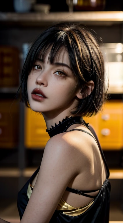 great rendering, 8k, masterpiece, super high quality, beauty: 1.2, Professional Illustration: 1.1, Super detailed: 1.3, Ultra Lighting, Very detailed, (Dark light detail) One girl,
Goth_Punk Heterochromia Iridum with Red and Yellow Eyes, black short hair with bangs, bangs, Mid Shot, Centered Images, Super detailed, Extremely facial detail, Very fine grain, Half Body