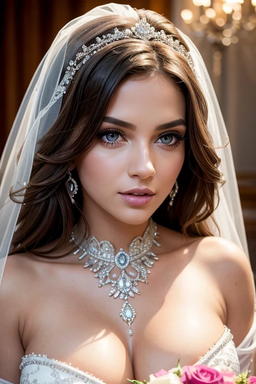 beautiful detailed eyes, beautiful detailed lips, extremely detailed eyes and face, long eyelashes, 1 girl, busty, lush, sensual, elegant, posing, tempting, photorealistic, high quality, bright colors, studio lighting, cinematic lighting, Warm color tone, dramatic lighting, complex parts, ultra detailed, hyperrealistic, masterpiece,  dressed in a cheesy wedding dress, 2 men, at a wedding she gets fucked by two guys