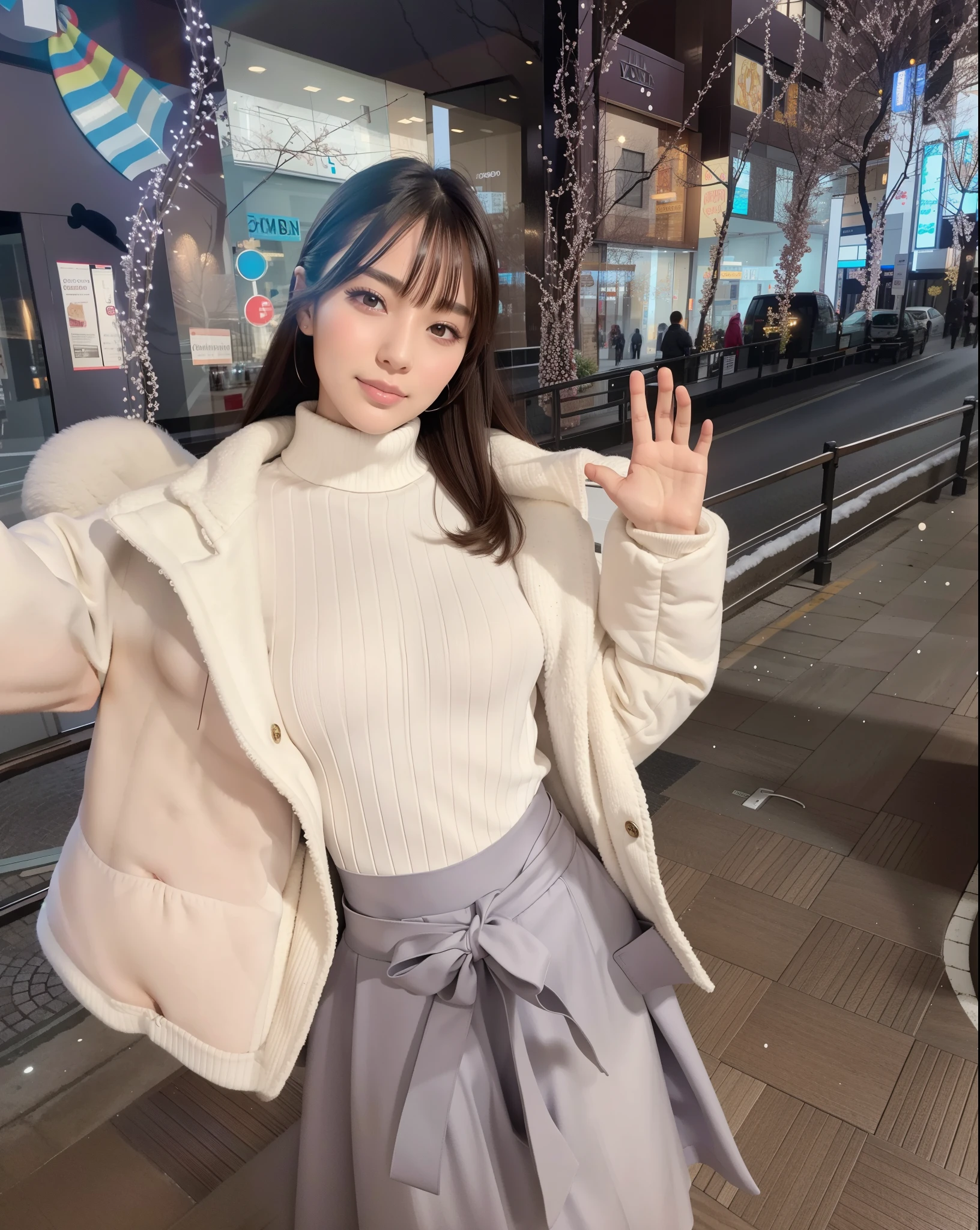(best quality:1.5), (masterpiece:1.5), (Realistic:1.5), very detailed, high resolution, 8k, cute Japanese woman, cute 27 year old beauty, (medium breasts), thin lips, detailed face, Beautiful and elegant face, cute face, natural bangs, arched eyebrows, well-groomed eyebrows, (big eyes with a good balance between the left and right sides), cute eyes, beautiful eyes, beautiful thin nose, beautiful face line, (beautiful skin), medium Hair, (natural bangs), (looking at the camera with a Gentle smile), beautiful legs, smooth skin skin, fair skin, (Slender body:1.5), (Natural Light:0.8), (lighting forward:0.8), (lighting front:0.8), (Flat lighting:0.8), Gentle smile, Detailed fingers, beautiful hands, (round face:1.5), ((See-through nipples)), ((nipples are visible through)), sexy pose,Sexy sweater, erotic sweater,Winter fashion, hands up,palm,