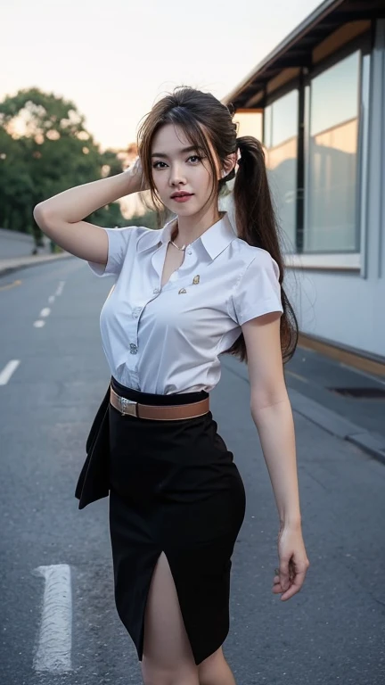 Pretty thai woman Raise both hands to shoulder level , (8k, best quality, masterpiece, ultra highres:1.2) Photo of Pretty thai woman beautiful, beautiful enchanting fashion contemporary painting with , (1girl), (white shirt short sleeves), ((black pencil skirt)), belt , , blonde hair, , realistic skin texture , round chin, 85 mm art lens, f 1. 2, sharp focus, 8 k high definition, insanely detailed, intricate, elegant, large breasts, big breasts , black skirt , twin tails hair