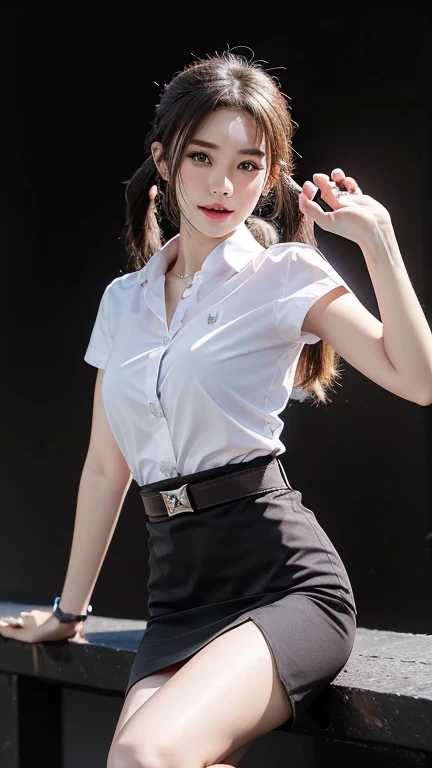 Pretty thai woman Raise both hands to shoulder level , (8k, best quality, masterpiece, ultra highres:1.2) Photo of Pretty thai woman beautiful, beautiful enchanting fashion contemporary painting with , (1girl), (white shirt short sleeves), ((black pencil skirt)), belt , , blonde hair, , realistic skin texture , round chin, 85 mm art lens, f 1. 2, sharp focus, 8 k high definition, insanely detailed, intricate, elegant, large breasts, big breasts , black skirt , twin tails hair
