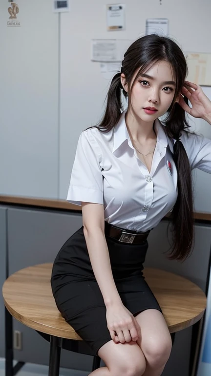 Pretty thai woman Raise both hands to shoulder level , (8k, best quality, masterpiece, ultra highres:1.2) Photo of Pretty thai woman beautiful, beautiful enchanting fashion contemporary painting with , (1girl), (white shirt short sleeves), ((black pencil skirt)), belt , , blonde hair, , realistic skin texture , round chin, 85 mm art lens, f 1. 2, sharp focus, 8 k high definition, insanely detailed, intricate, elegant, large breasts, big breasts , black skirt , twin tails hair