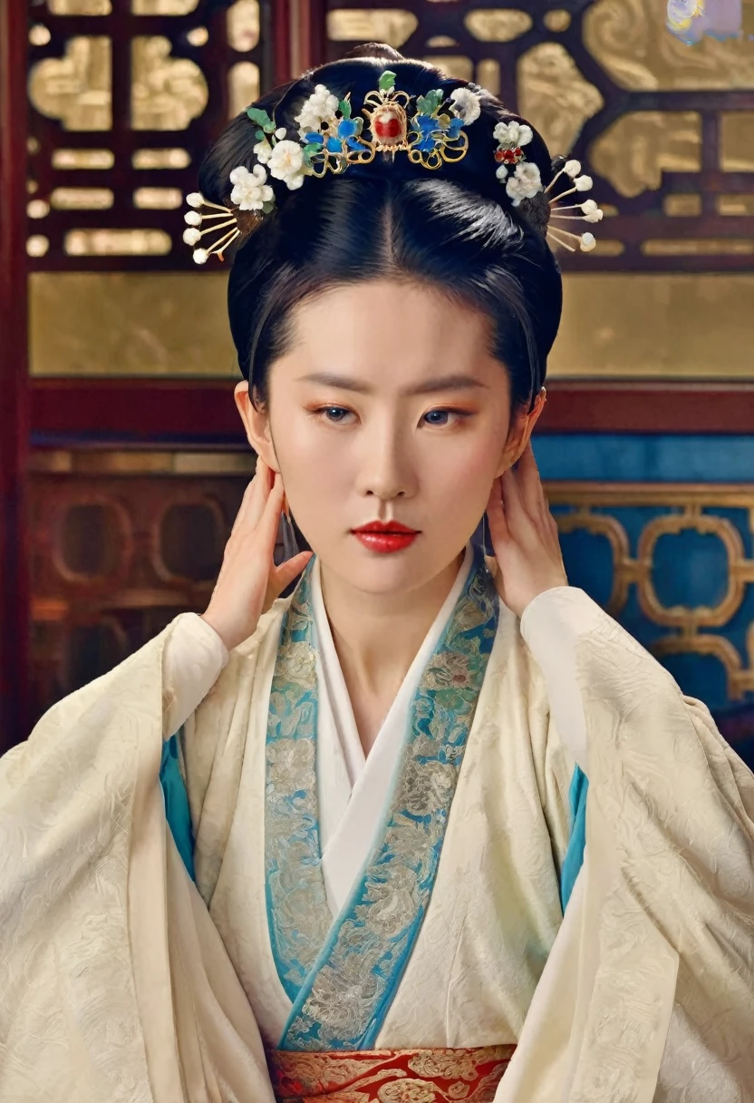 Luxurious Empress of the Chinese Court in the Qing Dynasty The background of this perverted and erotic woman wearing a crown and tying her hair in a knot on both sides (pornographic pose) in a luxurious Chinese court of the Qing Dynasty is the Empress of the Chinese Court in the Qing Dynasty. The setting is a luxurious room.