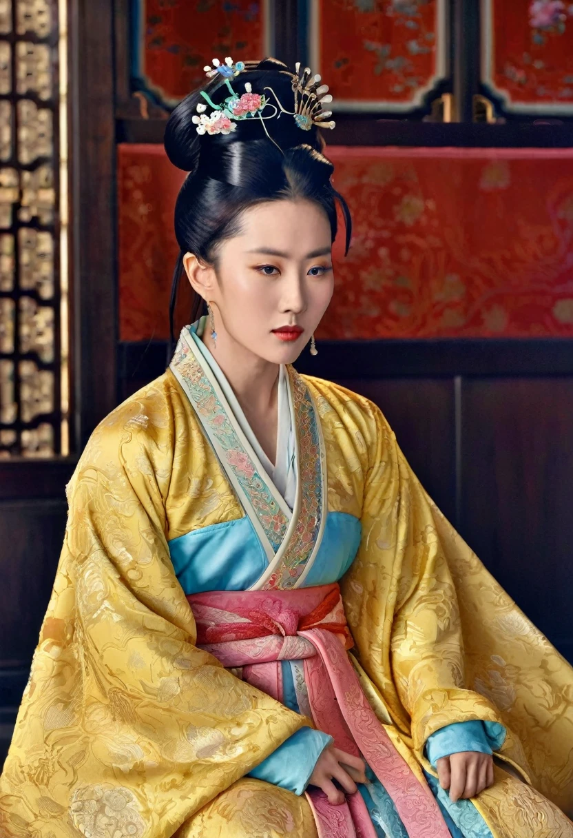 Luxurious Empress of the Chinese Court in the Qing Dynasty The background of this perverted and erotic woman wearing a crown and tying her hair in a knot on both sides (pornographic pose) in a luxurious Chinese court of the Qing Dynasty is the Empress of the Chinese Court in the Qing Dynasty. The setting is a luxurious room.