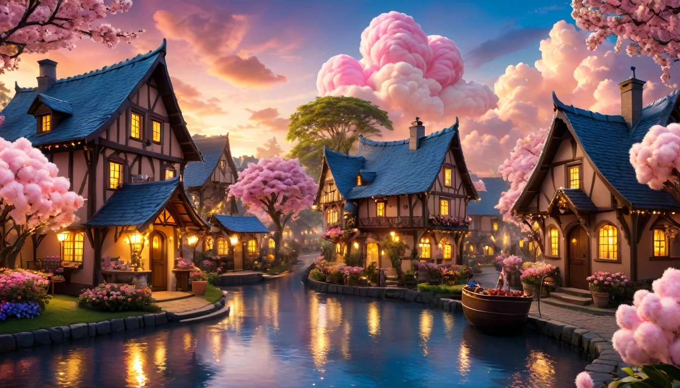 (ultra-detailed,realistic:1.37),(best quality,4k,8k,highres,masterpiece:1.2),landscape,Chocolateland village,sweet,magical,cozy,flavorful,delicious,beautifully decorated chocolate cottages,winding river,tempting chocolate fountains,various chocolate sculptures,blossoming cocoa trees, golden sunsets,luscious candy flowers,pathways,sparkling chocolate waterfalls,fairy lights illuminating the village,cotton candy clouds floating in the sky,unforgettable chocolate adventures.