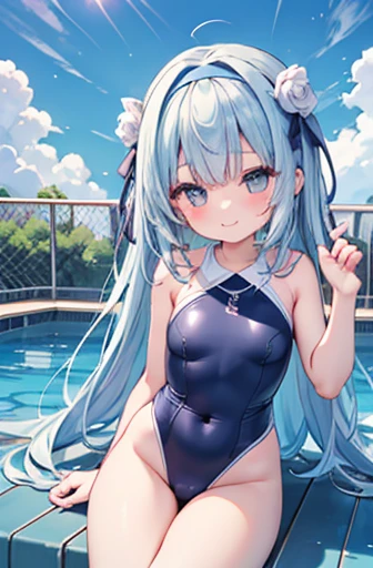 ((2D Beautiful Girl：1.5、Highest quality：1.5、Perfect Fingers:1.1、Perfect Anatomy:1.1、Perfect outfit、Beautiful illustrations))、Cute  girl、(Conversion Sequence)、((cute decorative headbands、Swimsuit))、8-year-old、upon、Solio、Fractal Art、Baby Face、((Straight Long Hair))、Beautiful big droopy eyes、（Wink、The best smile）、（whole body）、((1 person))、Blue sky and school poolside、Large Breasts