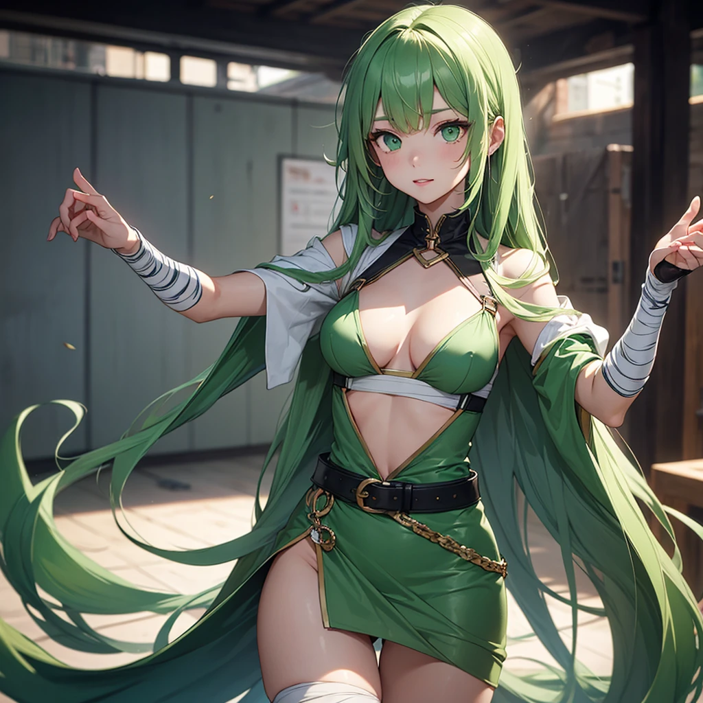 Long green hair、bright green eyes、Mummy-style outfit wrapped in bandages、Sexy vibe