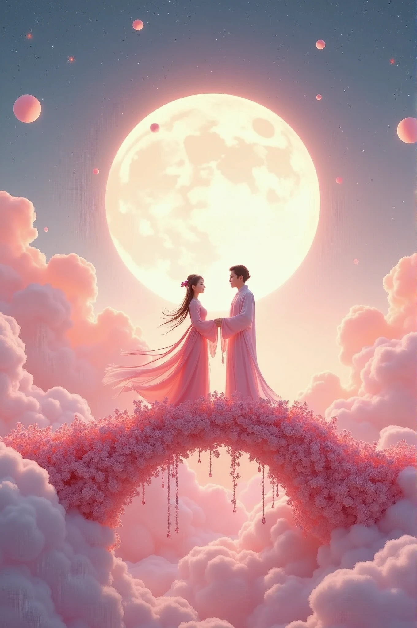 In a vast 3D universe，The Cowherd and the Weaver Girl stand on a magpie bridge made of soft pink clouds。Traditional Chinese ancient clothing，Traditional arch bridge，These clouds are fluffy and soft，As if just plucked from the sky，Each flower has a delicate texture and slight elasticity.。The edge of the magpie bridge is still hung with strings of glittering pearl-like dewdrops.，About to drip。Huge Moon。The starry sky around，Stars are not the usual sharp points of light，But each one is round and full、A ball of light woven from soft threads of light，Exudes a soft and warm glow，Like freshly baked marshmallows。The clothes worn by the Cowherd and the Weaver Girl are made of silk that is as light as mist.，When the wind blows，The folds of silk flow naturally like water ripples，The edges of the clothing are inlaid with fluffy white down.，Adds a bit of warmth and romance。Their hair is not a rigid line.，But a strand of silky soft、Slightly curly filaments，As if I could feel the gentle breeze。