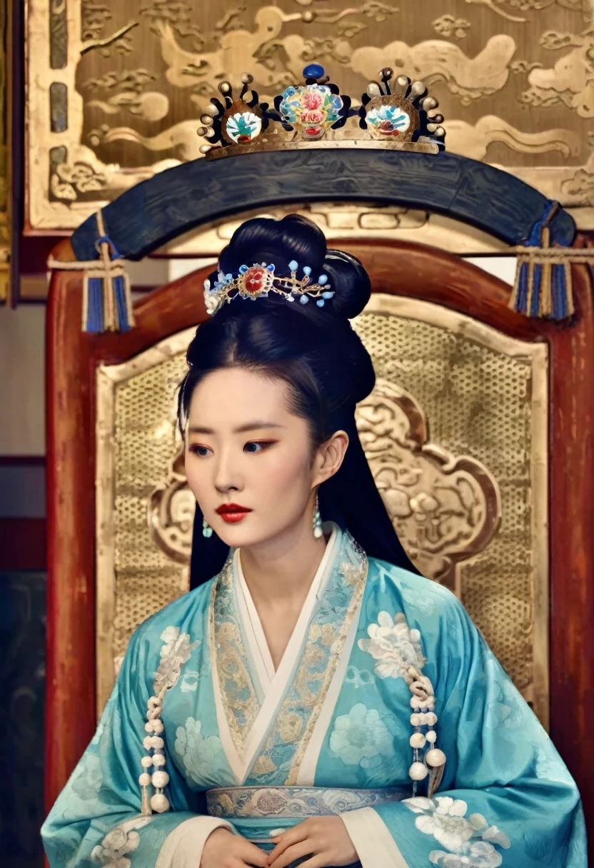 Luxurious Empress of the Chinese Court in the Qing Dynasty The background of this perverted and erotic woman wearing a crown and tying her hair in a knot on both sides (pornographic pose) in a luxurious Chinese court of the Qing Dynasty is the Empress of the Chinese Court in the Qing Dynasty. The setting is a luxurious room.