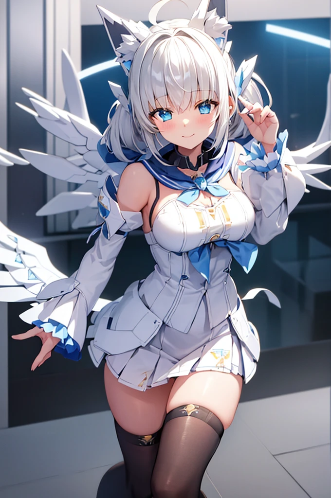 mecha wings、White and blue skirt、Thighs、tights、chest、Twin tails、White Hair、1 girl、solo girl、IS、Frame Arms Girl、Alice Gere Aegis、blue armor、income、headphone、hand on own chest、smile、idol woman、idol dress