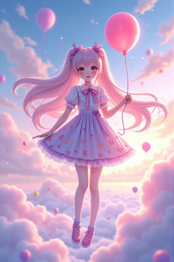 (whole body, legs and shoe visible: 1.2)) Expressive eyes, Miss, Pale skin, Long hair, Windblown hair, ((absurdly Long hair)), Long sideburns, Ji Liuhai, Hair drops, Hair Bun, ((Very long twin tails)), Rainbow Hair, Light pink hair, blush, full face blush, big sparkling Lilac eyes, (Gradient eyes), Open mouth smile, Lovely pose, ((Holding a balloon : 1.3))
((Lovely and pastel fashion)) ((🌞🥳😃🌹🌷🌳 theme : 1.4)) Flowy Pastel Dress, ((Fantasy colorful open-front dress)), (Floating ribbons), lavender ruffles, Pink frills, (Light blue lace), Removable short sleeves, Tutu, ((Rainbow Stars Print Skirt : 1.3)), Lolita Skirt, Purple bow, ((Pom Pom Ribbon Hair Accessory : 1.4)), Multiple bows, striped lace stockings, (Heart形腿吊袜带), Lovely (Lilac) shoe ((Ultra-fine clothing and fashion)) Watching you, Retro Girl, blush, (Beautiful and delicate eyes), (Extremely detailed CG unity 8k wallpaper) (Best shadow), ((Extremely delicate and beautiful)), (Detailed lighting), ((Depth of Field)) Big Head, Big shiny eyes, Moe, Ink Art, Movie Lighting, Front view, Volumetric lighting minimalism photo illustration 4k resolution high resolution intricate key visual precision linear
((Against the backdrop of a dreamy pastel sky, Surrounded by sunset, meteor, Castle in the Clouds)) ((Ultra-detailed scenery, Fog Cloud, Suspended by balloons, Heart : 1.3))