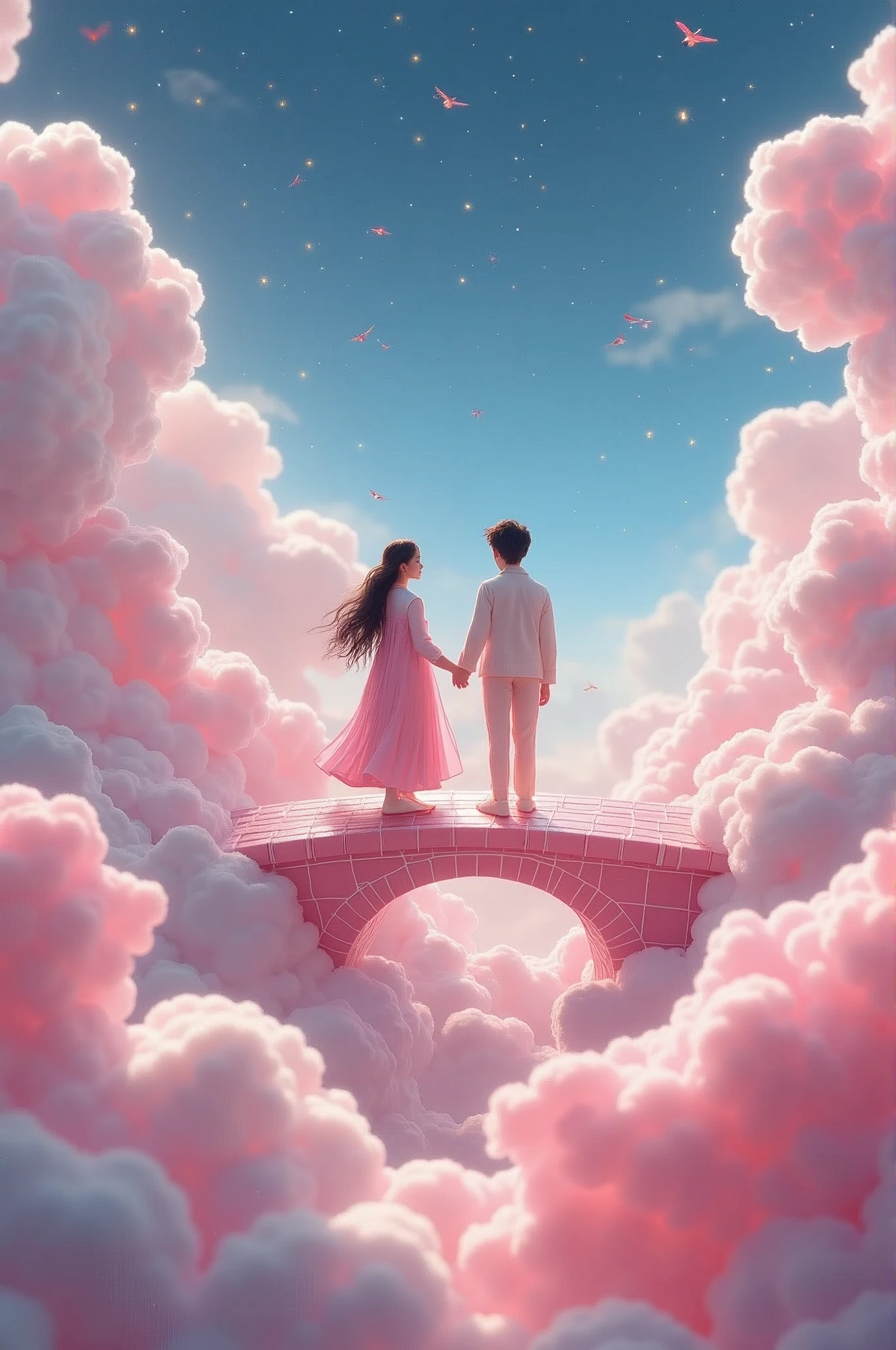 In a vast 3D universe，The Cowherd and the Weaver Girl stand on a magpie bridge made of soft pink clouds。These clouds are fluffy and soft，As if just plucked from the sky，Each flower has a delicate texture and slight elasticity.。The edge of the magpie bridge is still hung with strings of glittering pearl-like dewdrops.，About to drip。The starry sky around，Stars are not the usual sharp points of light，But each one is round and full、A ball of light woven from soft threads of light，Exudes a soft and warm glow，Like freshly baked marshmallows。The clothes worn by the Cowherd and the Weaver Girl are made of silk that is as light as mist.，When the wind blows，The folds of silk flow naturally like water ripples，The edges of the clothing are inlaid with fluffy white down.，Adds a bit of warmth and romance。Their hair is not a rigid line.，But a strand of silky soft、Slightly curly filaments，As if I could feel the gentle breeze。