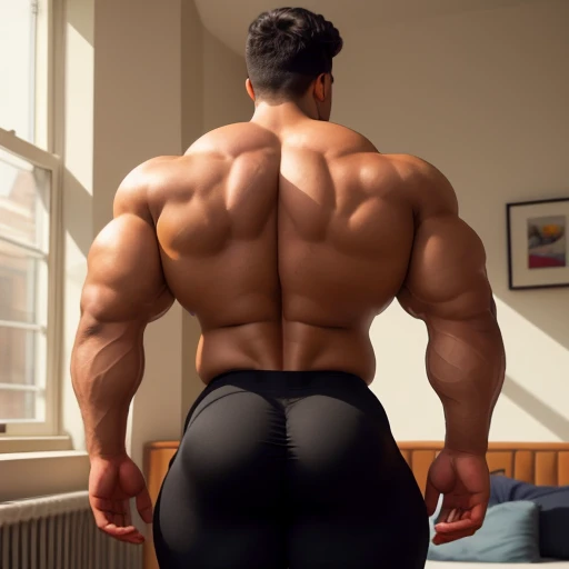 4 meter tall slightly overweight indian men. 20 years old. Childish Young hairless fresh face. In london with friend. Very sexy Posing for camera. Muscular. Wearing a henley and a tight black spandex. Big ass. Smooth body and face. Belly seen. Long long legs. View from the back. Sunlight.