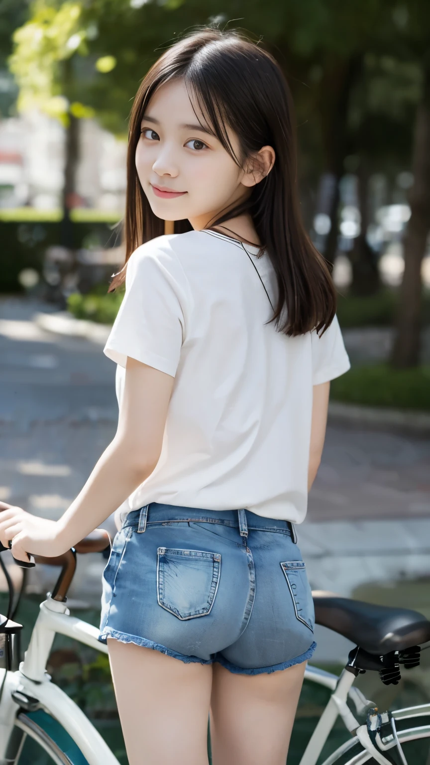 masterpiece, highest quality, 8K, , RAW photo, award-winning portraits, alone, noon, idol face,whole body,violaces, delicate girl, whole body, Completely naked、Digital single-lens reflex camera, looking at the viewer, shy smile、shame、flushed cheeks、thin arms, small breasts, nipple, small ass、thin waist、Frank, Sophisticated, like々New, thin arms, professional lighting, film grain, black eyes,chromatic aberration, (detailed eyes and face:1.0), (Bokeh:1.1),(hyper pretty face:1.2),(short sleeve shirts:1.3),(Jean Cutoff Shorts:1.3),(whole body, above the knee:1.3),(cute girls ride the bicycle:1.3),(angle from the behind:1.3),(cute butt:1.3),(transparent panties:1.3), looking at the viewer