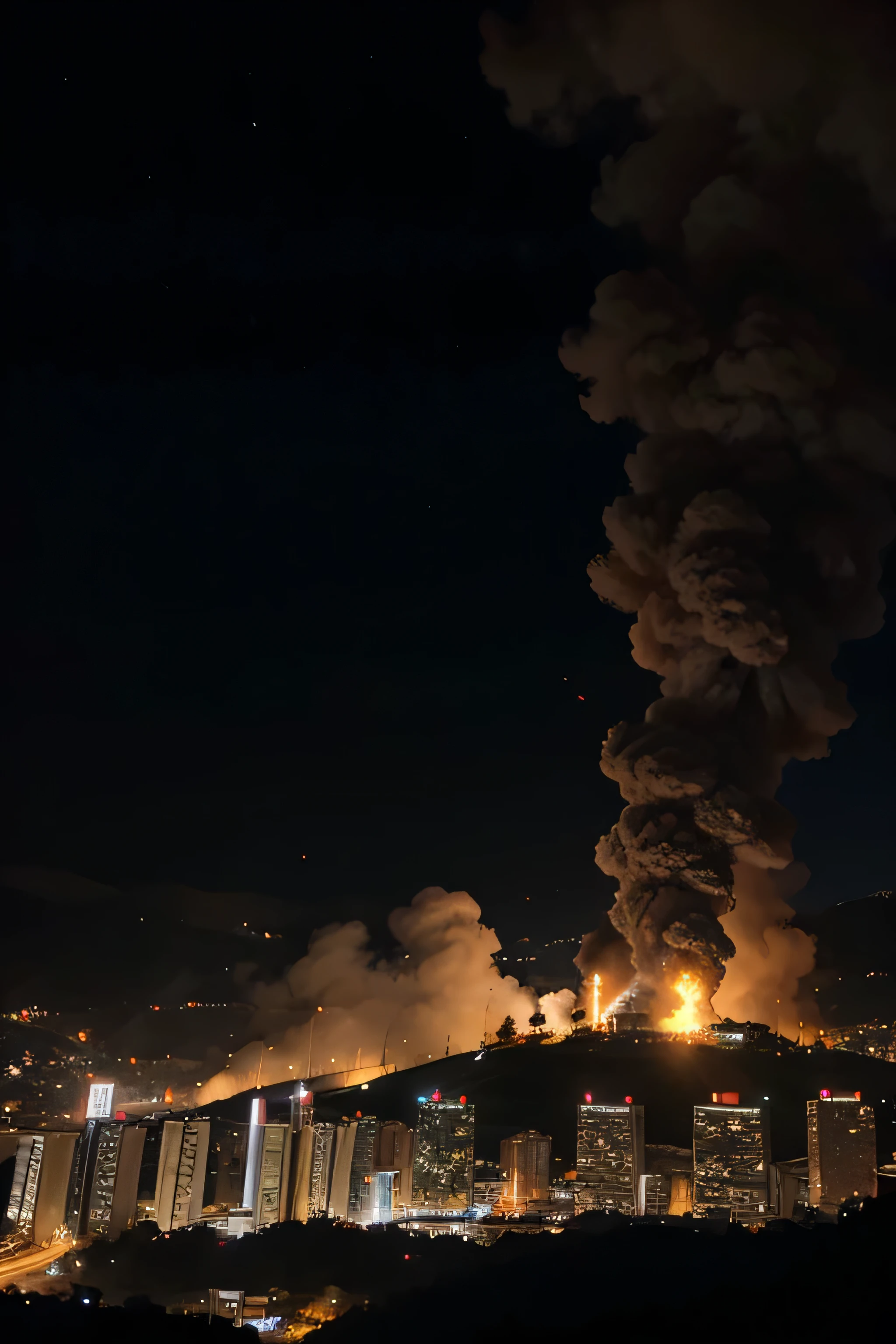 A view of huge city fire in Los Angeles, California with cop cars and fire trucks in the background driving toward the city 
From a Birds eye view from a distance at night with lights in the building 
Big bright fire and a lot of smoke