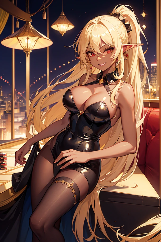 Beautiful images,Detailed Images,Official image,Casino Background,One Woman,Blonde,Red Eyes,Ponytail Hair,Model body type,(Dark Skin:1.3),Elf Ears,Large Breasts,(Black Bunny Girl Suit:1.1),Smiling Kindly