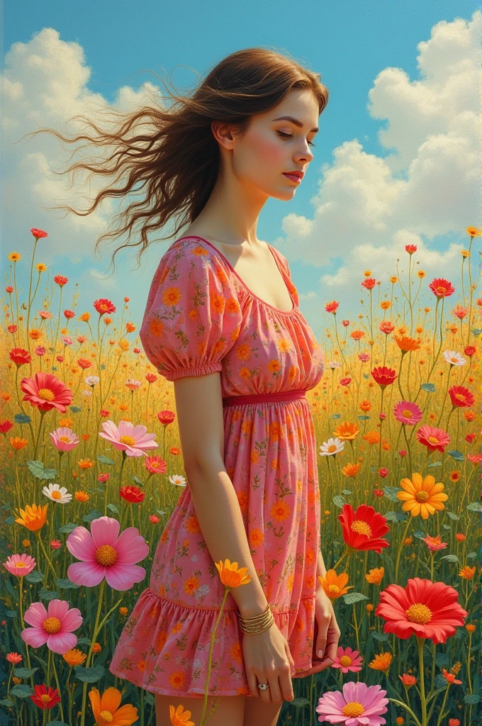 painting of a woman In a field of flowers, Acrylic painting inspired by Konstantin Somov, tumblr, Process art, Girl in flower bed, Fantasy illustrations, Girl in the flowers, Woman in flowers, 漂浮在Girl in the flower field, In a field of flowers, Juster Battle, Girl in the flower field, Gouache illustration, Flower Dream, Gouache