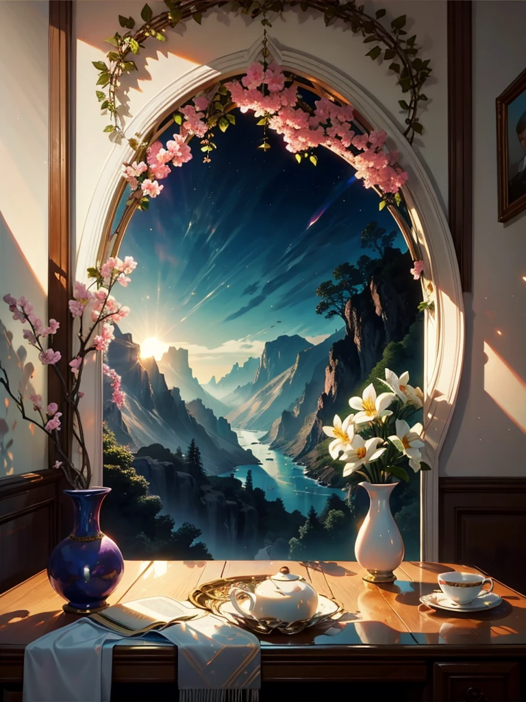 there is a vase of flowers and a big orchid and a cup of tea on a table, soft morning light, beautiful morning, morning time, romantic ambiente, radiant morning light, soft vignette, early morning mood, beautiful composition, relaxing mood, summer morning light, beautiful flowers, in the morning, flowers around, cozy setting, elegant flowers, sunny morning light, romantic atmosphere