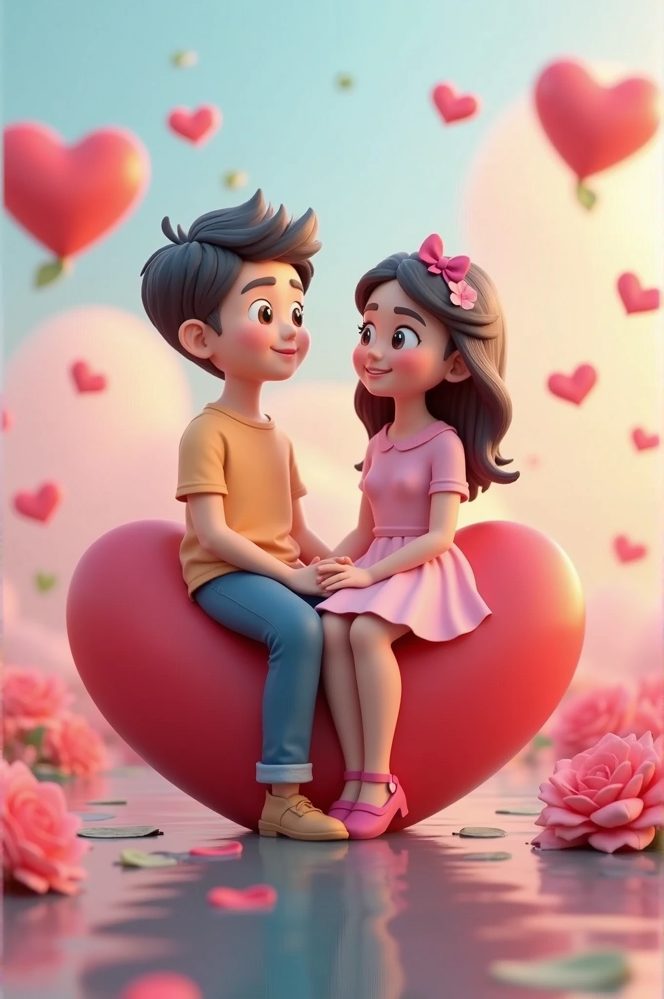 3D art illustration, a young and lovely Asian couple sitting on a large 3D heart-shaped graphic, the picture is warm and happy, the couple sitting on the Love graphic, looking at each other affectionately, feeling very happy, clay style, floating roses, background pink, lake blue, bright colors, high saturation, advanced color matching, warm and cold tones, strong contrast, Close-up, frontal shot, Romance, Rose, Studio Lighting, C4D, Blender, OC Render, Hyperdetail, 8k