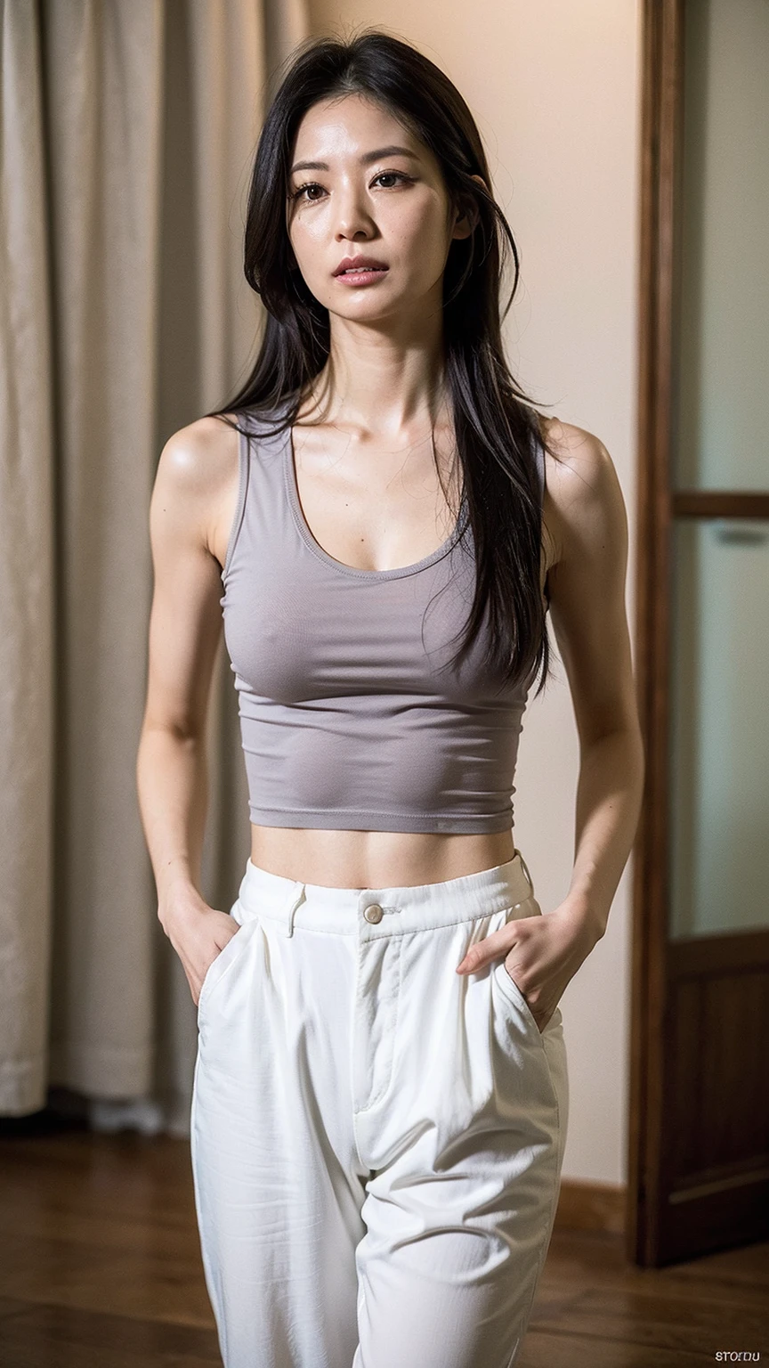 ((Highest quality)), ((8k)), ((masterpiece: 1.3)), (Perfect appearance), (Photorealism: 1.6), (JMA), (Genuine:1.4), 1 Mature Woman, Perfect Anatomy, 65 years old, ((Realistic skin texture)), (Fine lines on the skin), (Dull skin), (Facial wrinkles), (Wrinkles around the eyes), double eyelid, Tear bags under the eyelids, Medium Long Hair, (A simple and casual sleeveless tank top&Loose pants), ((Standing posture: 1.3)), (Resort: 1.2),