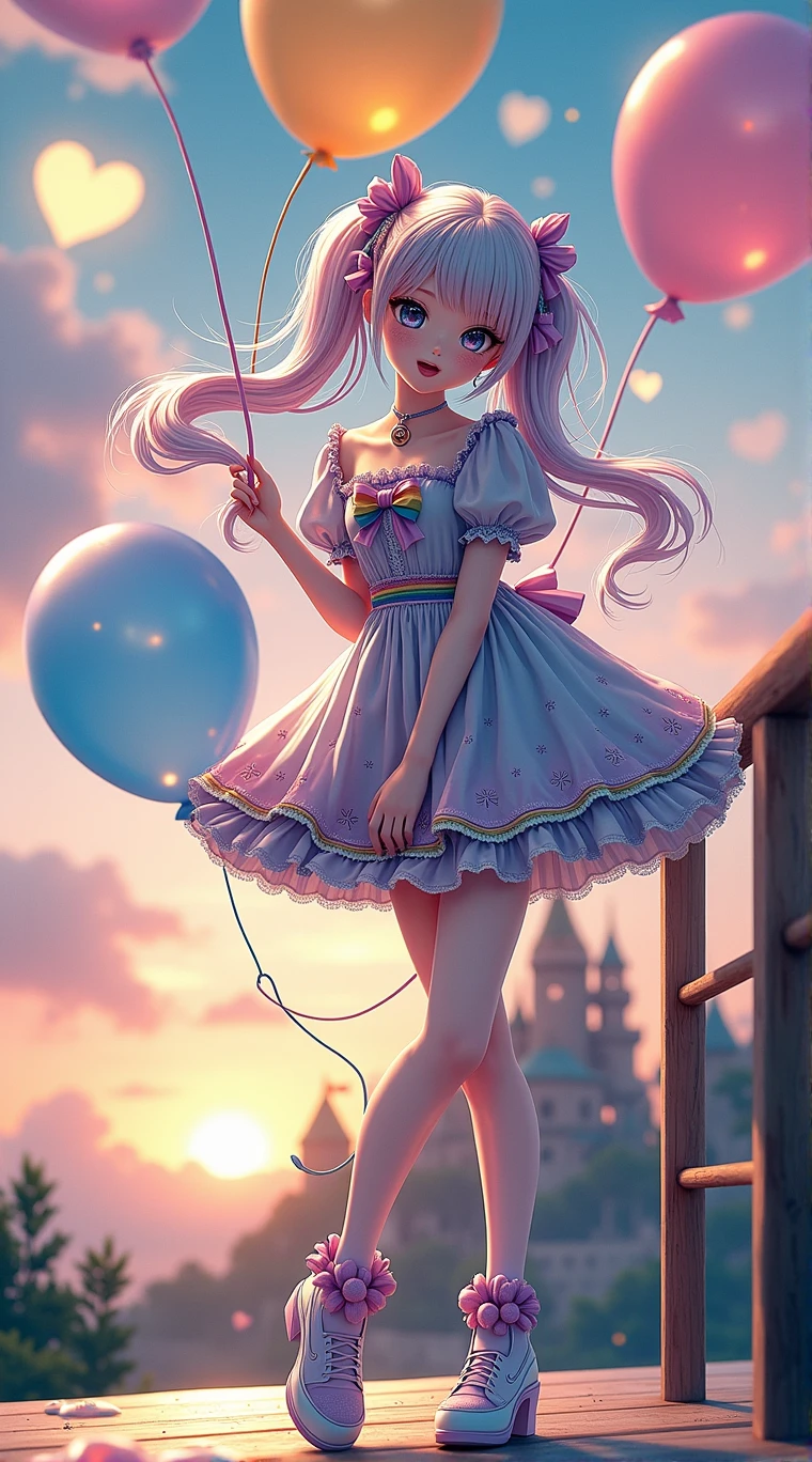 (whole body, legs and shoe visible: 1.2)) Expressive eyes, Miss, Pale skin, Long hair, Windblown hair, ((absurdly Long hair)), Long sideburns, Ji Liuhai, Hair drops, Hair Bun, ((Very long twin tails)), Rainbow Hair, Light pink hair, blush, full face blush, big sparkling Lilac eyes, (Gradient eyes), Open mouth smile, Lovely pose, ((Holding a balloon : 1.3)) ((Lovely and pastel fashion)) ((๐๐ฅณ๐๐น๐ท๐ณ theme : 1.4)) Flowy Pastel Dress, ((Fantasy colorful open-front dress)), (Floating ribbons), lavender ruffles, Pink frills, (Light blue lace), Removable short sleeves, Tutu, ((Rainbow Stars Print Skirt : 1.3)), Lolita Skirt, Purple bow, ((Pom Pom Ribbon Hair Accessory : 1.4)), Multiple bows, striped lace stockings, (Heartๅฝข่
ฟๅ่ขๅธฆ), Lovely (Lilac) shoe ((Ultra-fine clothing and fashion)) Watching you, Retro Girl, blush, (Beautiful and delicate eyes), (Extremely detailed CG unity 8k wallpaper) (Best shadow), ((Extremely delicate and beautiful)), (Detailed lighting), ((Depth of Field)) Big Head, Big shiny eyes, Moe, Ink Art, Movie Lighting, Front view, Volumetric lighting minimalism photo illustration 4k resolution high resolution intricate key visual precision linear ((Against the backdrop of a dreamy pastel sky, Surrounded by sunset, meteor, Castle in the Clouds)) ((Ultra-detailed scenery, Fog Cloud, Suspended by balloons, Heart : 1.3))