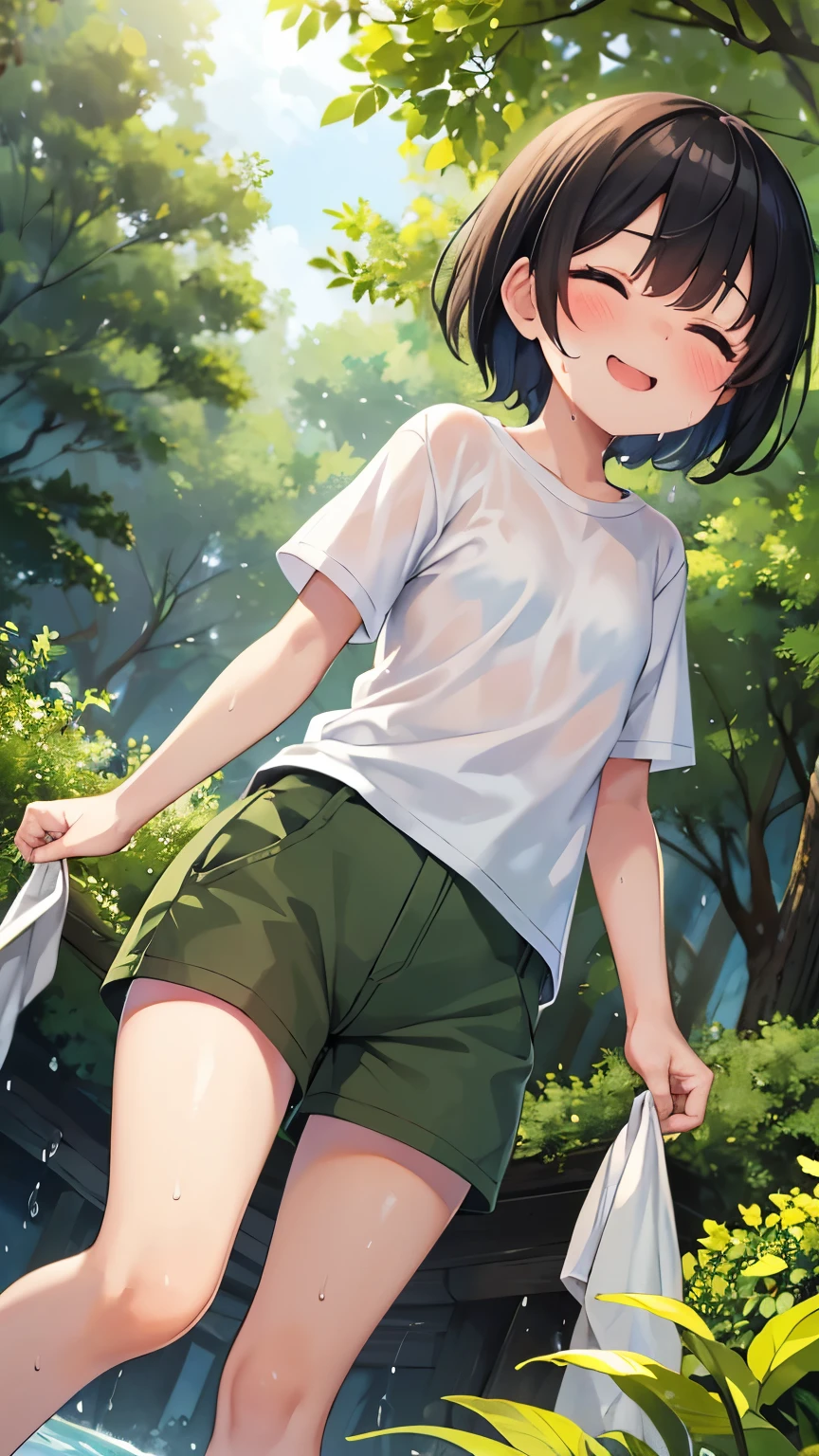 forest,smile,Are standing,close your eyes,1. small ,short hair,Black Hair,blush,Navy blue white t-shirt,Olive green shorts,Brown Sandals,White skin,summer,From below,shy,Sweaty,Wet,Please open your mouth wide,Wet,Gah,tooth,
