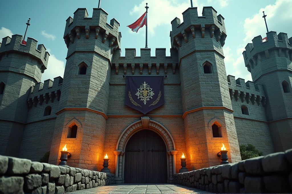 A cinematic, detailed close-up shot of a grand human castle. The castle is built from ancient, weathered stone, with high, imposing walls and tall, crenelated towers. Intricate carvings and banners adorn the stonework, showcasing the kingdom’s emblem. The drawbridge is lowered, revealing the entrance guarded by armored knights. Torches flicker on the walls, casting warm light that contrasts with the castle’s formidable structure. In the background, flags wave in the wind atop the highest tower. The scene captures the strength and majesty of the castle, with a high level of detail and realism to match cinematic quality.
