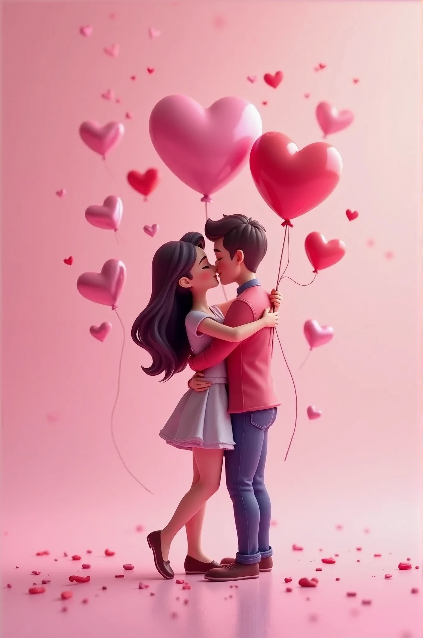 3D Art Illustration，A cute couple in love, hugging each other, with pink heart-shaped balloons floating in the background. Pink and purple hues create a Disney-inspired Valentine's Day vibe.