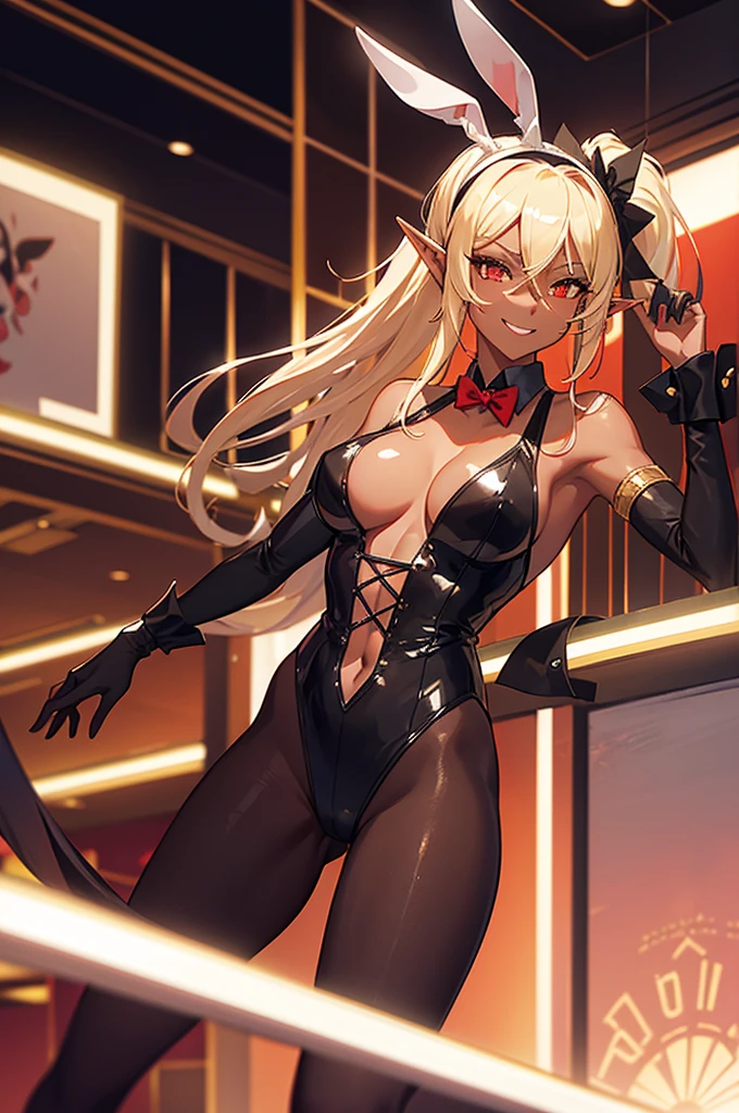 Beautiful images,Detailed Images,Official image,Casino Background,One Woman,Blonde,Red Eyes,Ponytail Hair,Model body type,(Dark Skin:1.3),Elf Ears,Large Breasts,(Black bunny ears headband,Black Bunny Girl Suit:1.1),Smiling Kindly