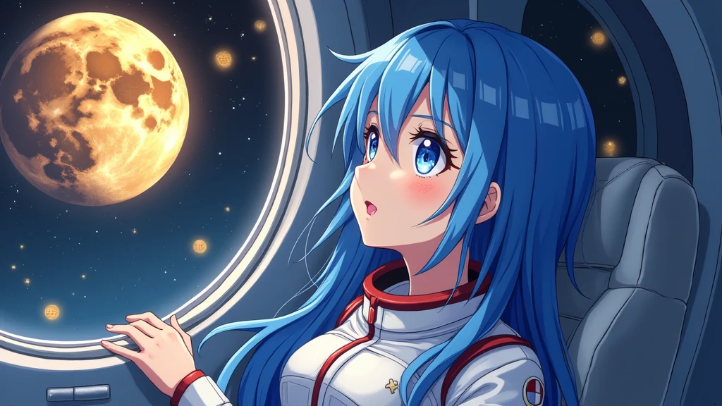 A sexy girl with blue eyes and long blue hair wearing space suit in a spaceship's cockpit. Floating in the air, while looking at a moon made with gold and stars in a shape of coins through a window. She's very beautiful and cute, her lips is soft pink, her hands is perfect and her eyes is very detail. Anime style, Japanese artist, high definition, masterpiece, best quality, high resolution, detail lighting and shadow.