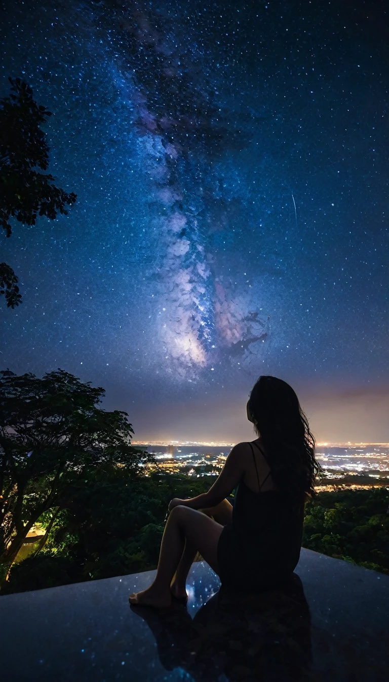 sky, star, landscape, starry sky, night, girl, night sky, solo, outdoor, signature, building, clouds, milky way, sitting, tree, long hair, city, silhouette, cityscape