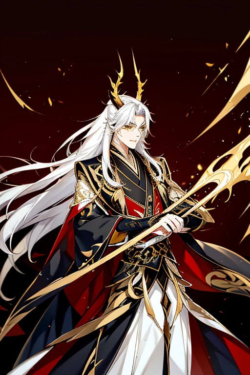 Handsome, solo, 1 male, long hair, white hair , yellow eyes, black shirt, black suit, Hanfu with red dragon patterns and gold edges highlighting the aura of a leader, golden horns, best quality, 16k, masterpiece, detailed face drawing, with two arms and two legs, manhua character.