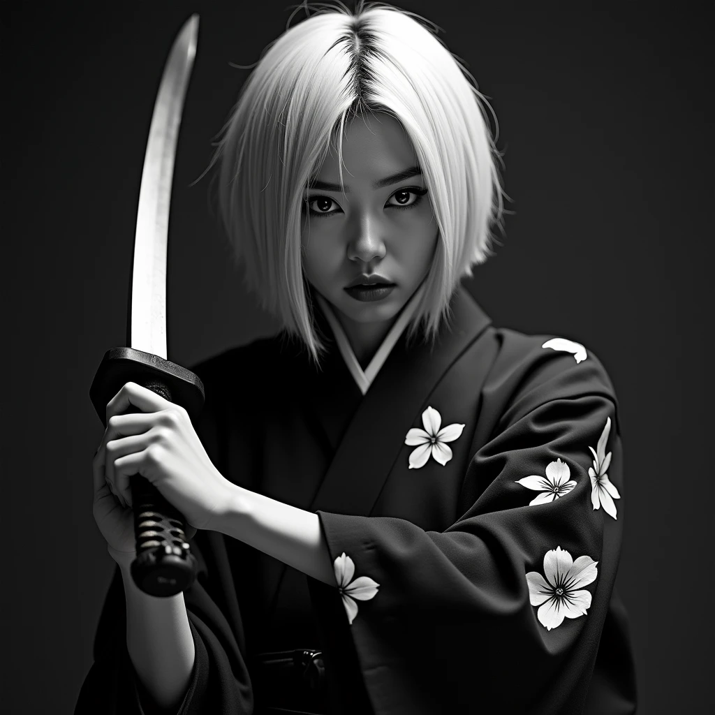 Beautiful Korean woman with short white hair wearing a black and white yukata holding a katana. Surrealistic style. Black and white tones. Mid shot. Dramatic light.