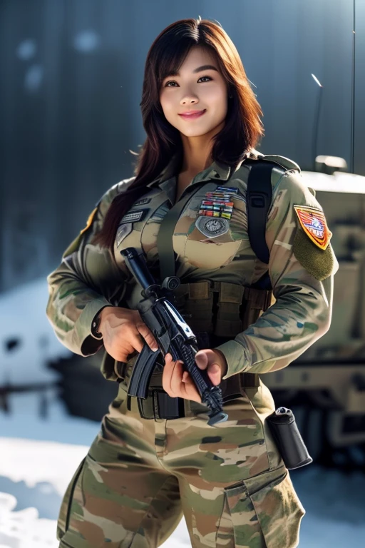 (8K, Raw-Photo, best qualtiy, tmasterpiece:1.2),(realisticlying, photograph realistic:1.4),(Highly detailed CG unity 8k wallpaper),(Round face: 1.5), (detailed pupil:1.3),(Cool Eyes:1.1),(little smile:1.1),(Unforgettable Eyes:1.1),(The eyes are so beautiful:1.1),A young but very beautiful 35-year-old Malay female soldier stands in front of a snowy mountain valley, female soldiers are not wearing shirts, oily bodies ((tense breasts)), half naked,K2 rifle in hand,Clothed Malaysia. Army Digital Camo Uniform, strong muscles,Commando Girl, assault rifle, (holding rifle: 1.3), (Aim and hold the rifle...: 1.3),navels, glove, Ripped military pants,