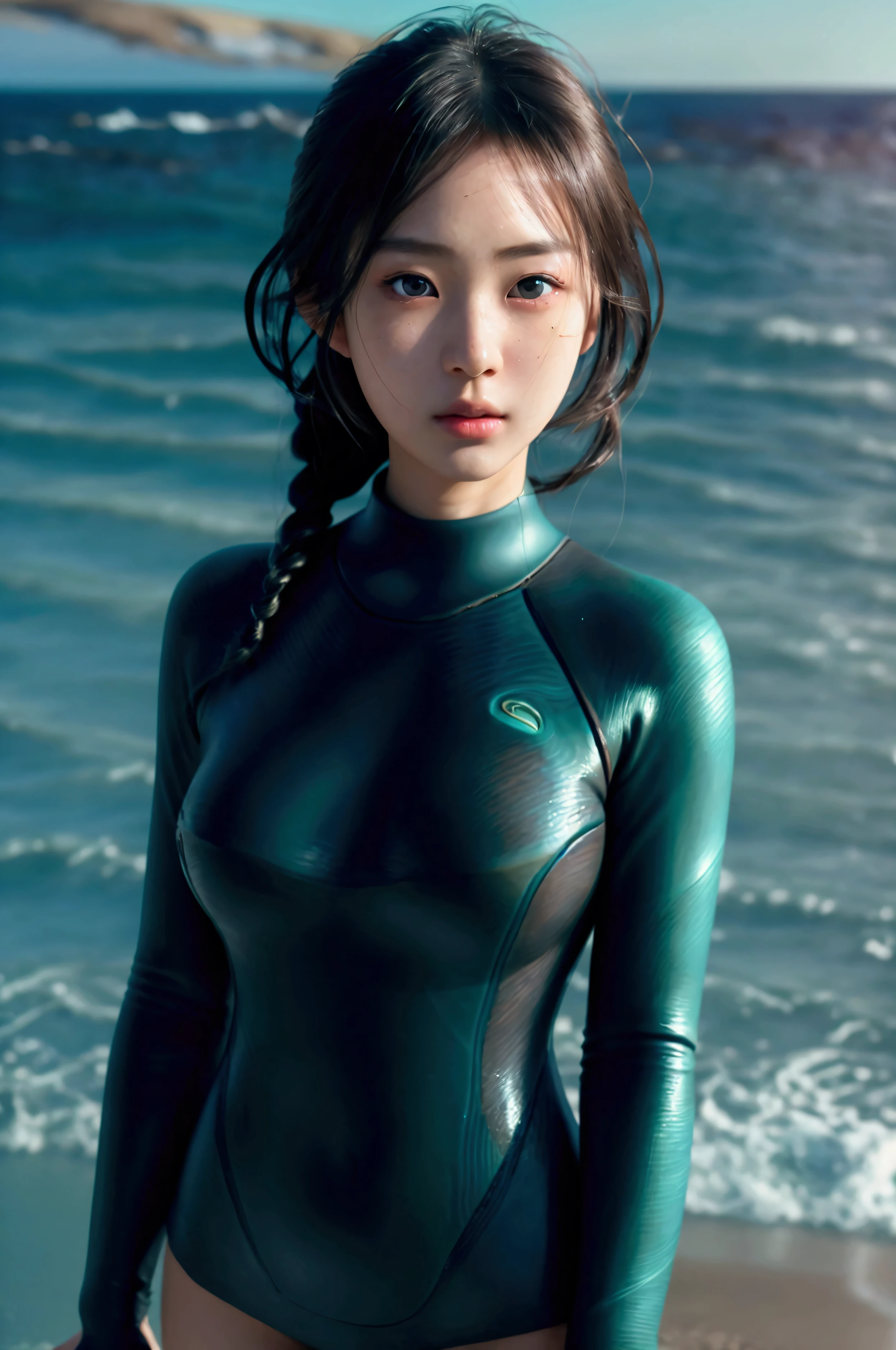 (masterpiece),(Highest quality:1.2),(Very detailed:1.2),(High resolution),(Photorealistic Stick),(RAW Photos),8k,Backlight,(Written boundary depth),(Sophisticated lighting:1.1), (Improving cinematic lighting quality:0.9),photo of a dressed woman,Soft Portrait Photography,Beautiful Japanese Women,whole bodyポートレート,(Eye light,Sharp pupils,Detailed eye drawing,)Very beautiful face,(Detailed skin texture:1.3),(Beautiful portrait:1.2),A lovely and delicate face,Beautiful young Japanese woman,Random Hairstyles,((Large :1.2)),Look at this,front,((whole body)),break(Wetsuits),((Coastal:1.5)),((Cowboy Shot)),((hand))