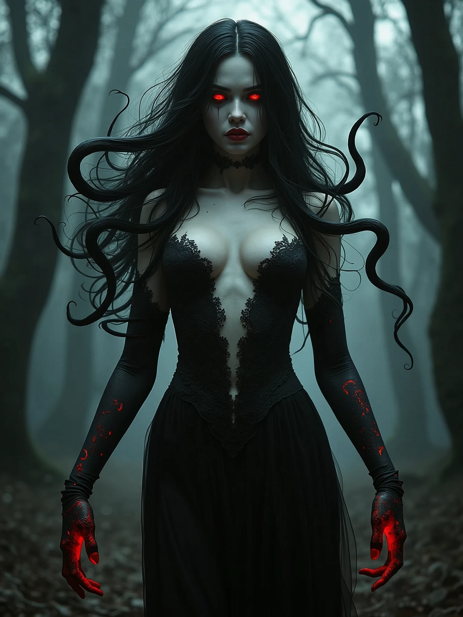 a woman dressed as a vampire in a forest, trending digital fantasy art, porcelain skin ”, wrapped in black tentacles, high resolution print :1 red, white skin tone, shapeshifter, dark forests surrounding, black and white color palette