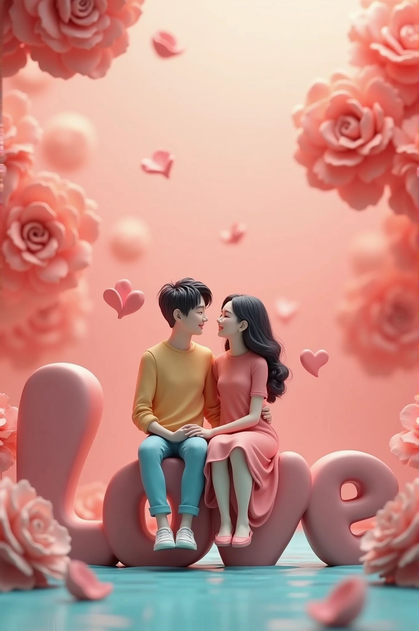 3D art illustration, a young and lovely Asian couple sitting on a large 3D Love graphic, the picture is warm and happy, the couple sitting on the Love graphic, looking at each other affectionately, feeling very happy, clay style, floating roses, background pink, lake blue, bright colors, high saturation, advanced color matching, warm and cold tones, strong contrast, Close-up, frontal shot, Romance, Rose, Studio Lighting, C4D, Blender, OC Render, Hyperdetail, 8k