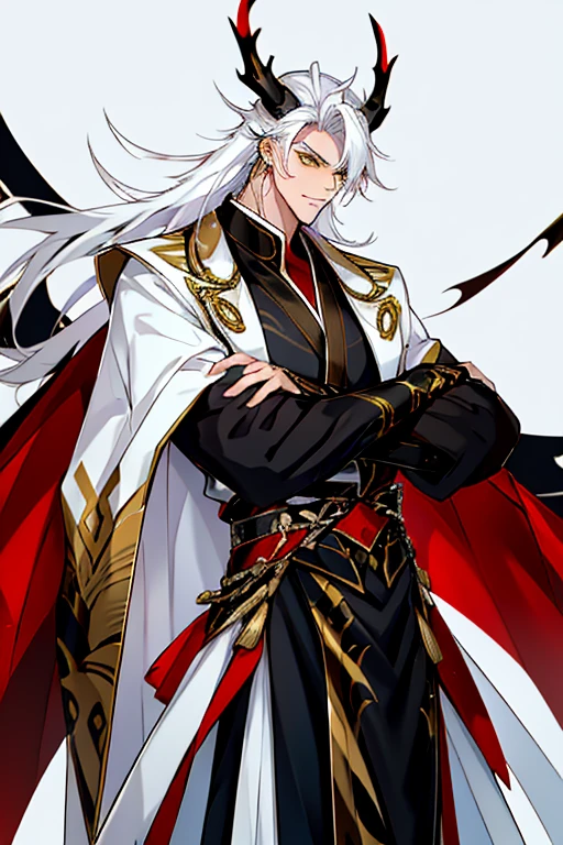 Handsome, solo, 1 male, long hair, white hair , yellow eyes, black shirt, black suit, Hanfu with red dragon patterns and gold edges highlighting the aura of a leader, golden horns, best quality, 16k, masterpiece, detailed face drawing, with two arms and two legs, manhua character.
