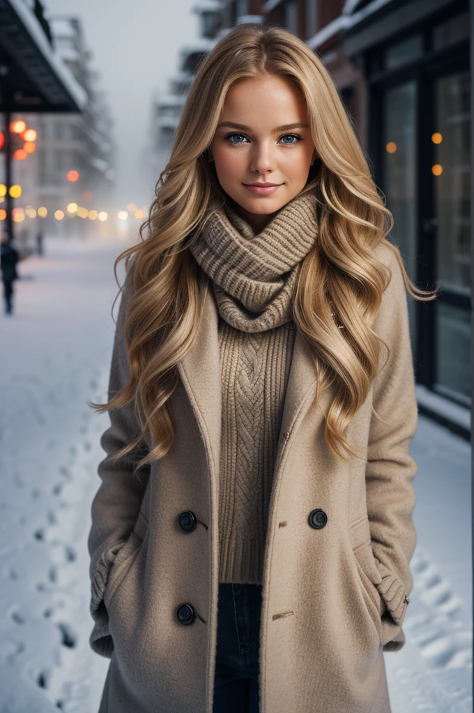 professional portrait photograph of a gorgeous Norwegian girl in winter clothing with long wavy blonde hair, sultry flirty look, gorgeous symmetrical face, cute natural makeup, wearing elegant warm winter fashion clothing, ((standing outside in snowy city street)), stunning modern urban environment, ultra realistic, concept art, elegant, highly detailed, intricate, sharp focus, depth of field, f/1. 8, 85mm, medium shot, mid shot, (((professionally color graded))), bright soft diffused light, (volumetric fog), trending on instagram, hdr 4k, 8k