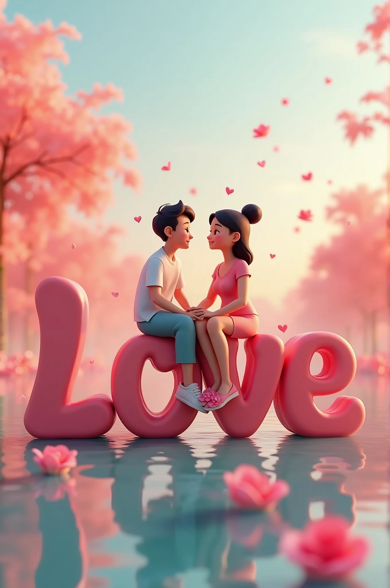 3D art illustration, a young and lovely Asian couple sitting on a large 3D Love graphic, the picture is warm and happy, the couple sitting on the Love graphic, looking at each other affectionately, feeling very happy, clay style, floating roses, background pink, lake blue, bright colors, high saturation, advanced color matching, warm and cold tones, strong contrast, Close-up, frontal shot, Romance, Rose, Studio Lighting, C4D, Blender, OC Render, Hyperdetail, 8k
