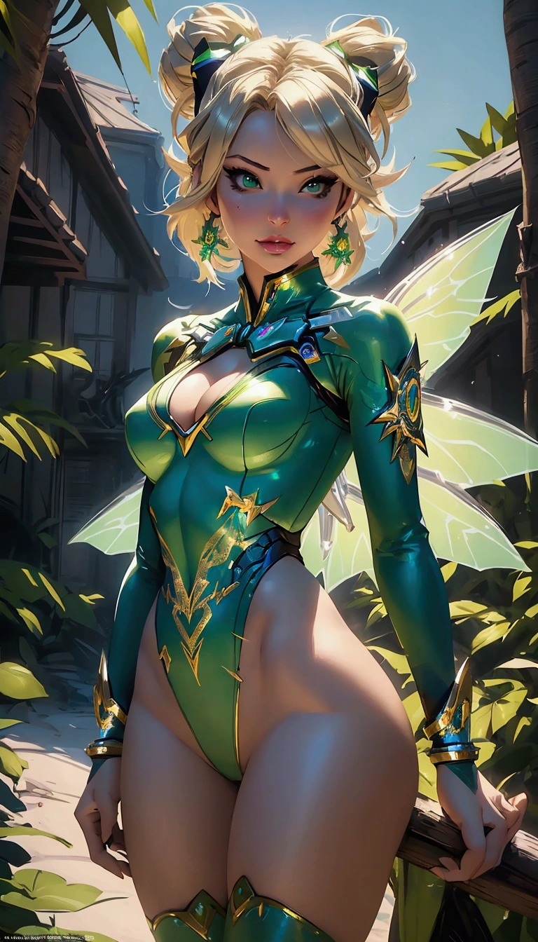 sexy woman in green bodysuit with fairy wings and a green top, ornate cosplay, in the style of ross tran, ross tran 8 k, wlop and ross tran, mercy from overwatch, [ trending on cgsociety ]!!, extremely detailed artgerm, ross tran style, stunning cgsociety, mercy ( overwatch ), anime character; full body art