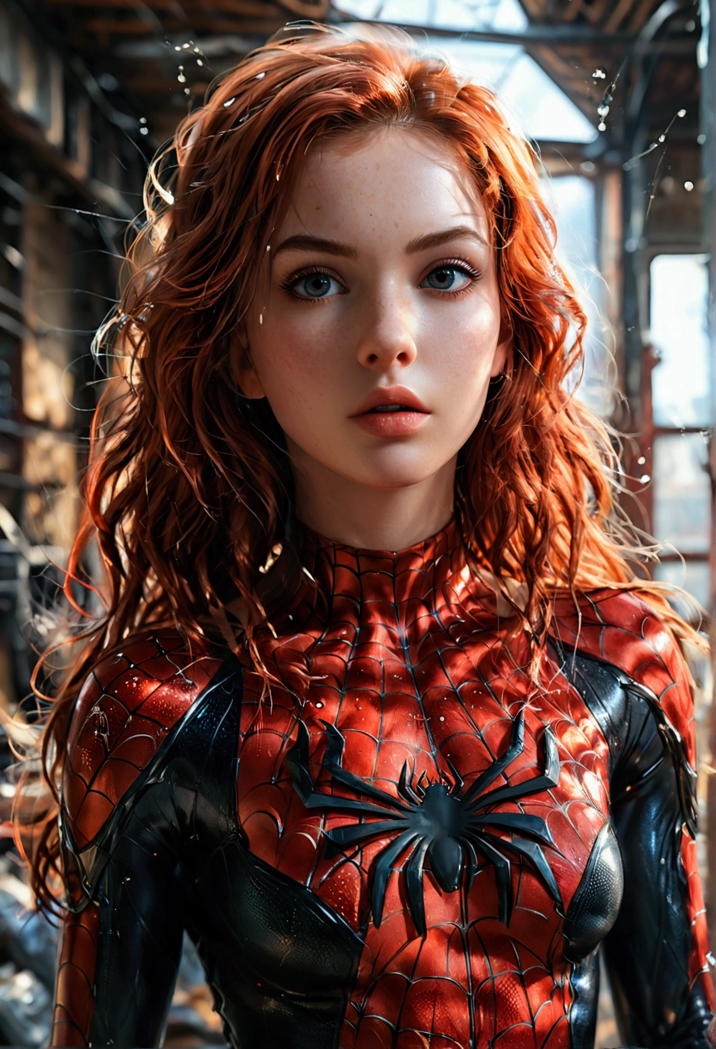 (full body shot:1) photorealistic image of a (standing pose:1) woman, ultrarealistic, photography, long red hair, woman, 24 years old, hourglass figure, perfect body, Flirty look, natural medium breasts, blur background, (1girl:1.3), solo, (((extremely detailed face))),(((extremely detailed eyes and face))),beautiful detailed eyes,body-parts__, official art, unified 8k wallpaper, super detailed, beautiful and aesthetic, beautiful, masterpiece, best quality, raw, masterpiece, super fine photo, best quality, super high resolution, photorealistic realism, sunlight, full body portrait, amazing beauty,, dynamic pose, delicate face, vibrant eyes, (from the front), she is wearing a Spider-man suit, red and black color scheme, spider, very detailed abandoned warehouse background, Detailed face, detailed complex busy background, messy, gorgeous, highly detailed skin, realistic skin details, visible pores, sharp focus, volumetric fog, 8k uhd, DSLR, high quality, film grain, fair skin, photo realism, lomography, huge metropolis in future dystopia, seen from below, translucent