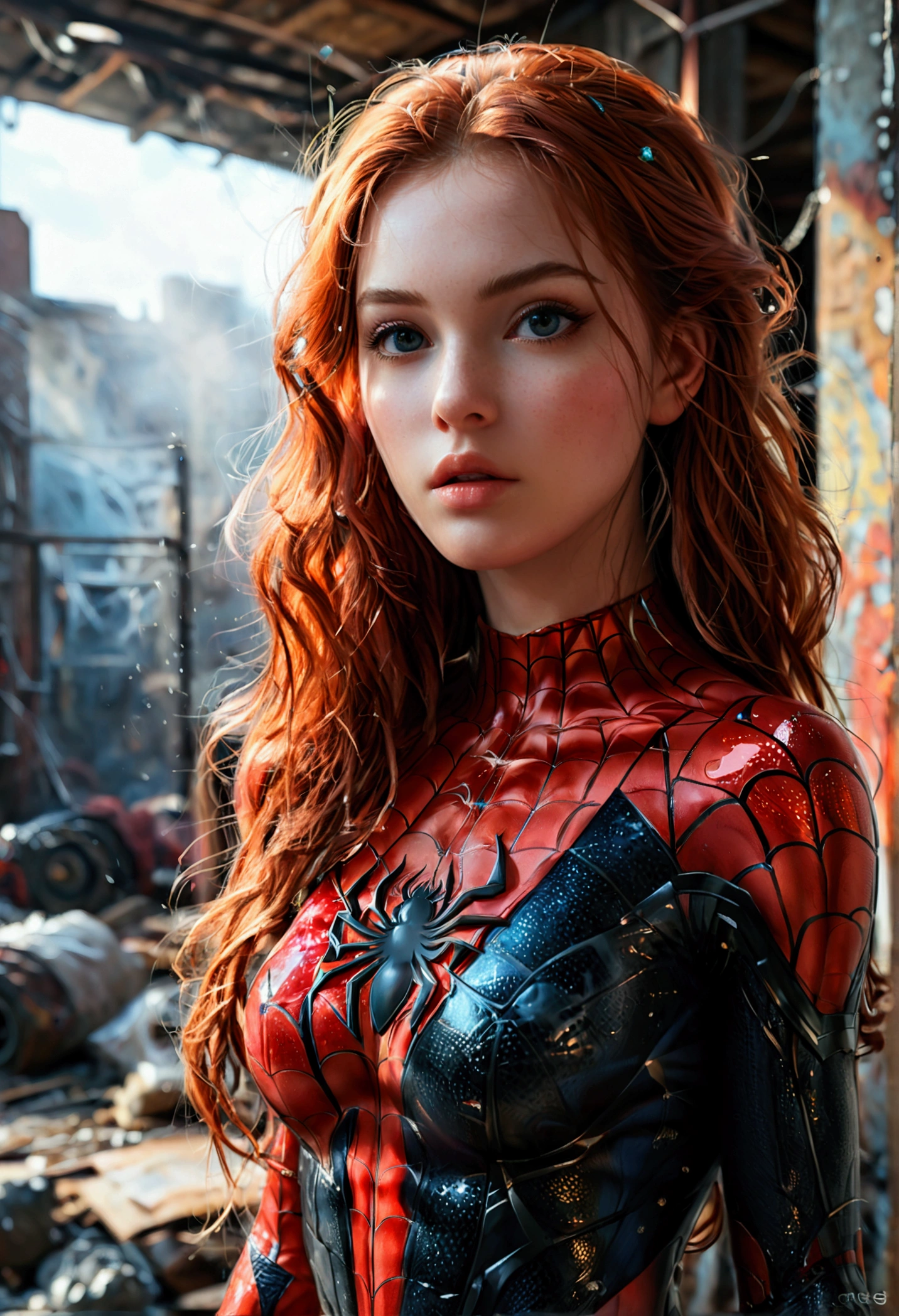 (full body shot:1) photorealistic image of a (standing pose:1) woman, ultrarealistic, photography, long red hair, woman, 24 years old, hourglass figure, perfect body, Flirty look, natural medium breasts, blur background, (1girl:1.3), solo, (((extremely detailed face))),(((extremely detailed eyes and face))),beautiful detailed eyes,body-parts__, official art, unified 8k wallpaper, super detailed, beautiful and aesthetic, beautiful, masterpiece, best quality, raw, masterpiece, super fine photo, best quality, super high resolution, photorealistic realism, sunlight, full body portrait, amazing beauty,, dynamic pose, delicate face, vibrant eyes, (from the front), she is wearing a Spider-man suit, red and black color scheme, spider, very detailed abandoned warehouse background, Detailed face, detailed complex busy background, messy, gorgeous, highly detailed skin, realistic skin details, visible pores, sharp focus, volumetric fog, 8k uhd, DSLR, high quality, film grain, fair skin, photo realism, lomography, huge metropolis in future dystopia, seen from below, translucent
