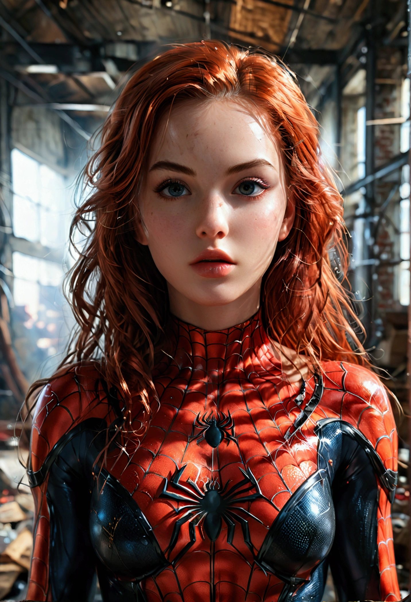 (full body shot:1) photorealistic image of a (standing pose:1) woman, ultrarealistic, photography, long red hair, woman, 24 years old, hourglass figure, perfect body, Flirty look, natural medium breasts, blur background, (1girl:1.3), solo, (((extremely detailed face))),(((extremely detailed eyes and face))),beautiful detailed eyes,body-parts__, official art, unified 8k wallpaper, super detailed, beautiful and aesthetic, beautiful, masterpiece, best quality, raw, masterpiece, super fine photo, best quality, super high resolution, photorealistic realism, sunlight, full body portrait, amazing beauty,, dynamic pose, delicate face, vibrant eyes, (from the front), she is wearing a Spider-man suit, red and black color scheme, spider, very detailed abandoned warehouse background, Detailed face, detailed complex busy background, messy, gorgeous, highly detailed skin, realistic skin details, visible pores, sharp focus, volumetric fog, 8k uhd, DSLR, high quality, film grain, fair skin, photo realism, lomography, huge metropolis in future dystopia, seen from below, translucent