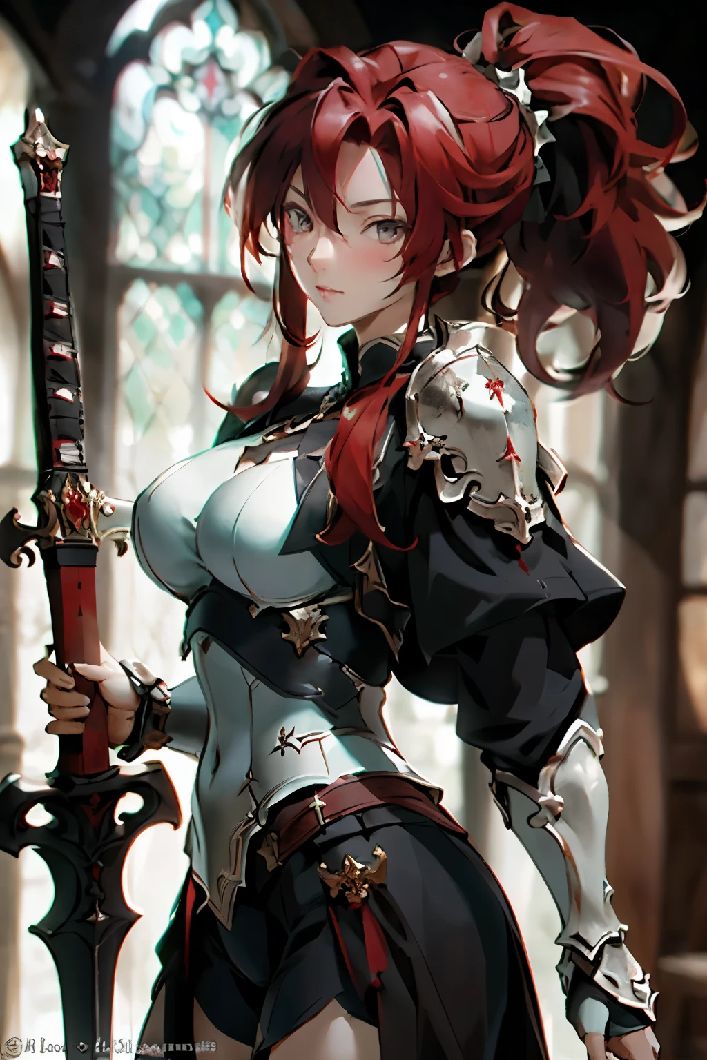 1 girl, (alone:1.3), ,((best quality)), ((masterpiece)), (detailed), perfect face, elf, young,  forest,  big breasts, sword , warrior ,snow,mauve red hair, braid, ,sexy ,pink eyes, dynamic pose 