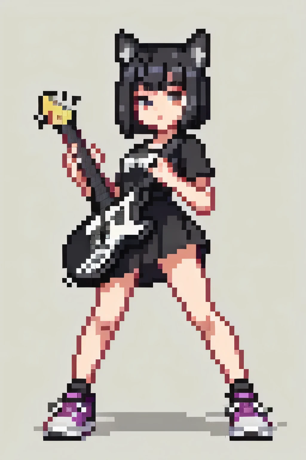 (Masterpiece, Top quality, best quality, fine detail,)1 girl, black hair,short hair、Animal ear,whole body, Pixel World, No background、holding electric guitar、wear sneakers,The whole body,Butt focus shot,Big