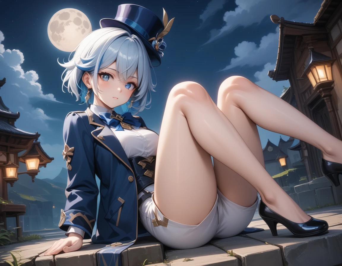 (score_9 score_8_up score_7_up:1.2), (ai-generated:1.2), (Maximize Detail Slider:1.2), (Insanely Detail:1.2), (source_anime:1.2), (highly natural:1.2), (ambient occlusion:2.0), furina \(genshin impact\), (Morphing:2.0), 1girl, thighs, outdoors, jacket, short shorts, solo focus, sitting (legs up), looking at viewer, short hair, streaked hair, ahoge, shoes, breasts, night, top hat, blue jacket, white shorts, furina (genshin impact), white hair with blue highlights, blue headwear, back alleyway, grafitti, high heels shoes, night sky, looking at viewer, moon light, blue eyes, medium breasts, earrings, clouds, bare thighs, bowtie, thick thighs, glowing pupils, bangs, from side.