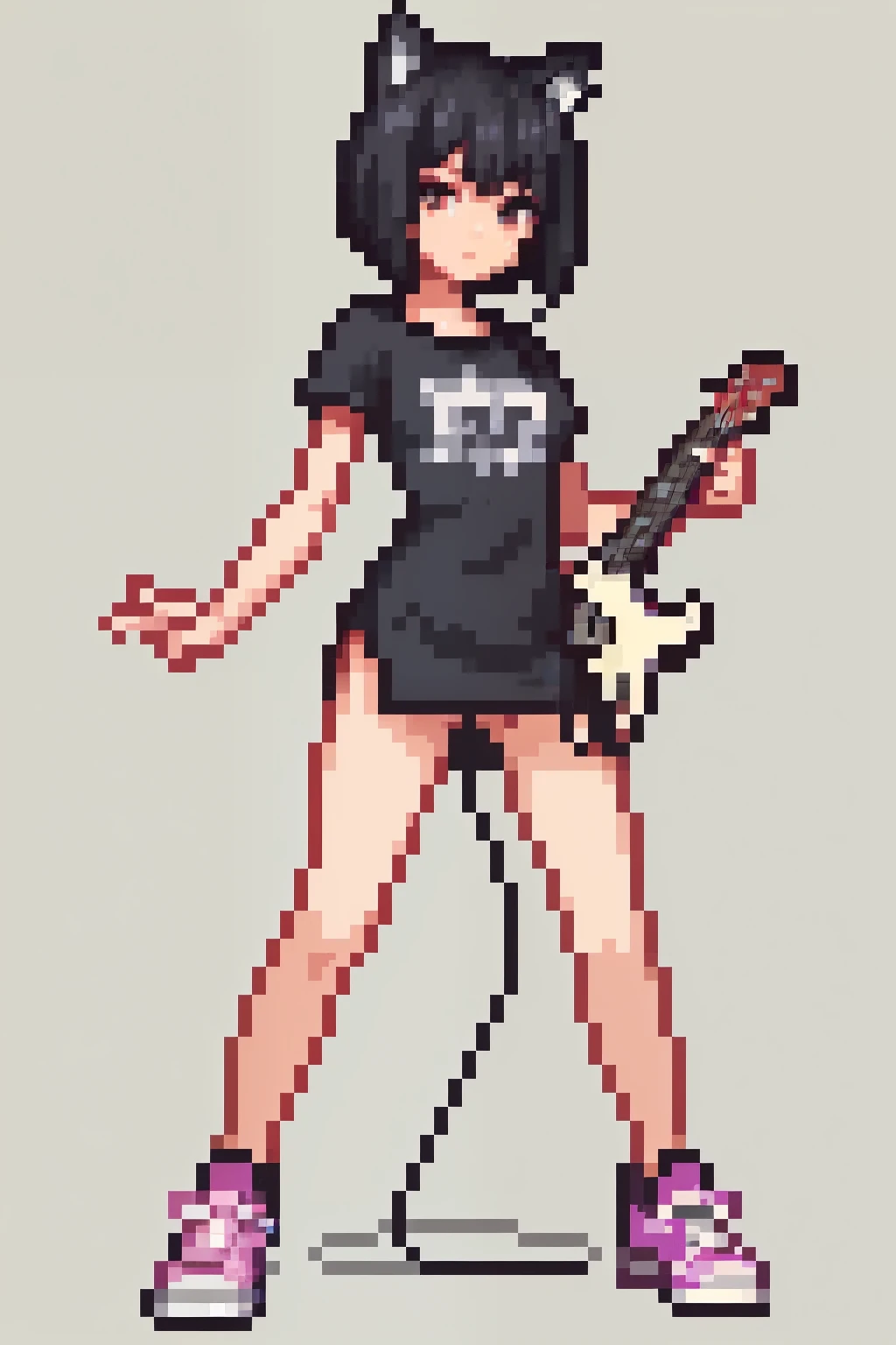 (Masterpiece, Top quality, best quality, fine detail,)1 girl, black hair,short hair、Animal ear，whole body, Pixel World, No background、holding electric guitar、wear sneakers，The whole body，Butt focus shot，Big 